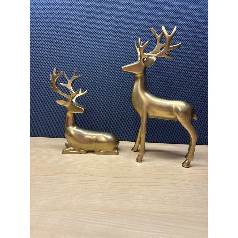 Brass Tone Lot of 2 Reindeer Elk Deer Buck Figurines Statues Pair